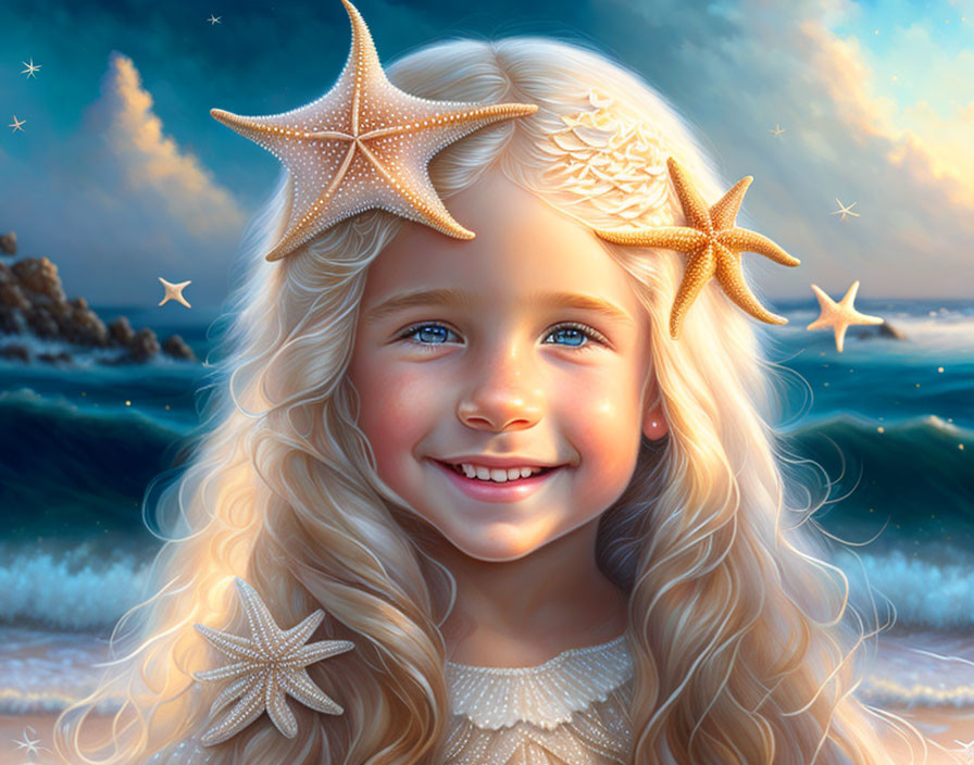 Digital artwork of smiling girl with starfish in blonde hair against ocean backdrop.