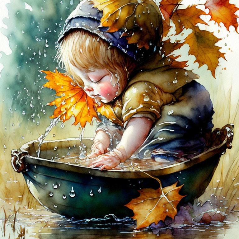 Child playing with water in basin among autumn leaves