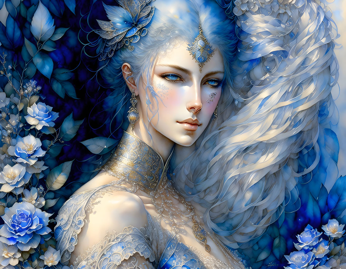 Digital artwork featuring mythical female figure with pale skin, white hair, blue flowers and jewels.