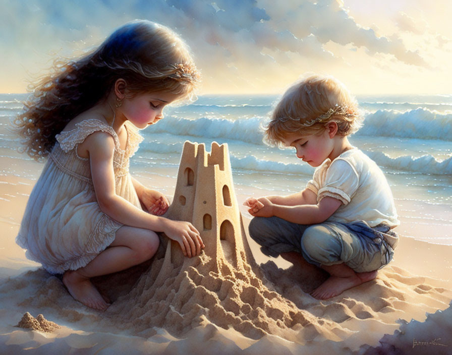 Children building sandcastle on beach with gentle waves and sunlight glow