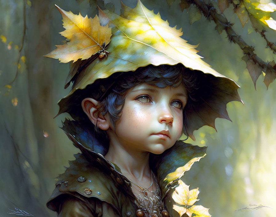 Child with pointed ears wearing leaf hat gazes up in autumnal forest with spider.