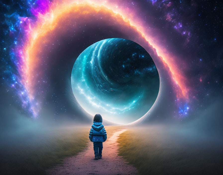 Child in Blue Jacket Stands by Swirling Cosmic Portal