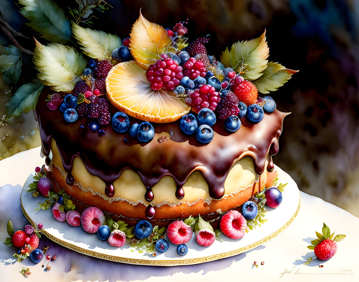 Colorful Fruit-Topped Cake with Chocolate Ganache