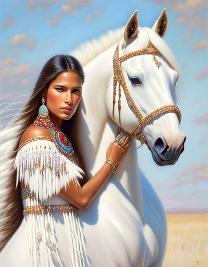 Native American woman with dark hair and white horse under blue sky