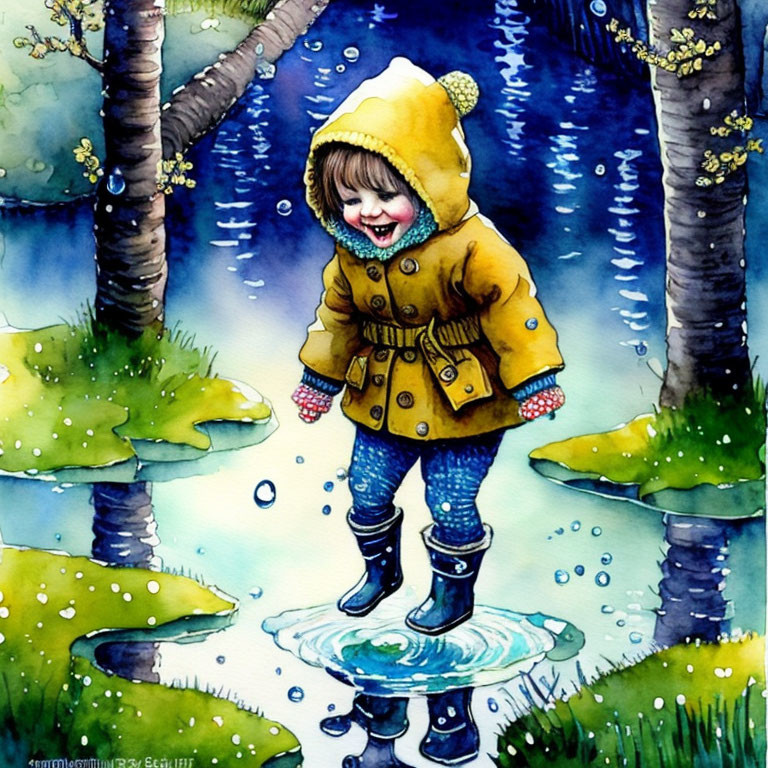 Child in Yellow Hooded Coat Splashing in Puddle Amidst Blooming Trees