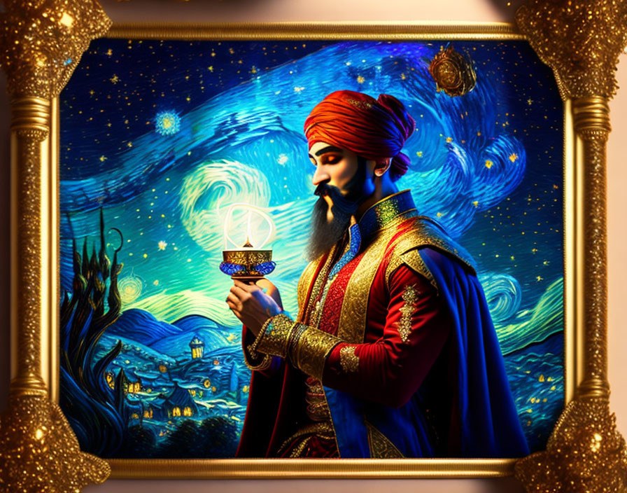 Regal man in turban with lamp against Van Gogh-style night sky in golden frame