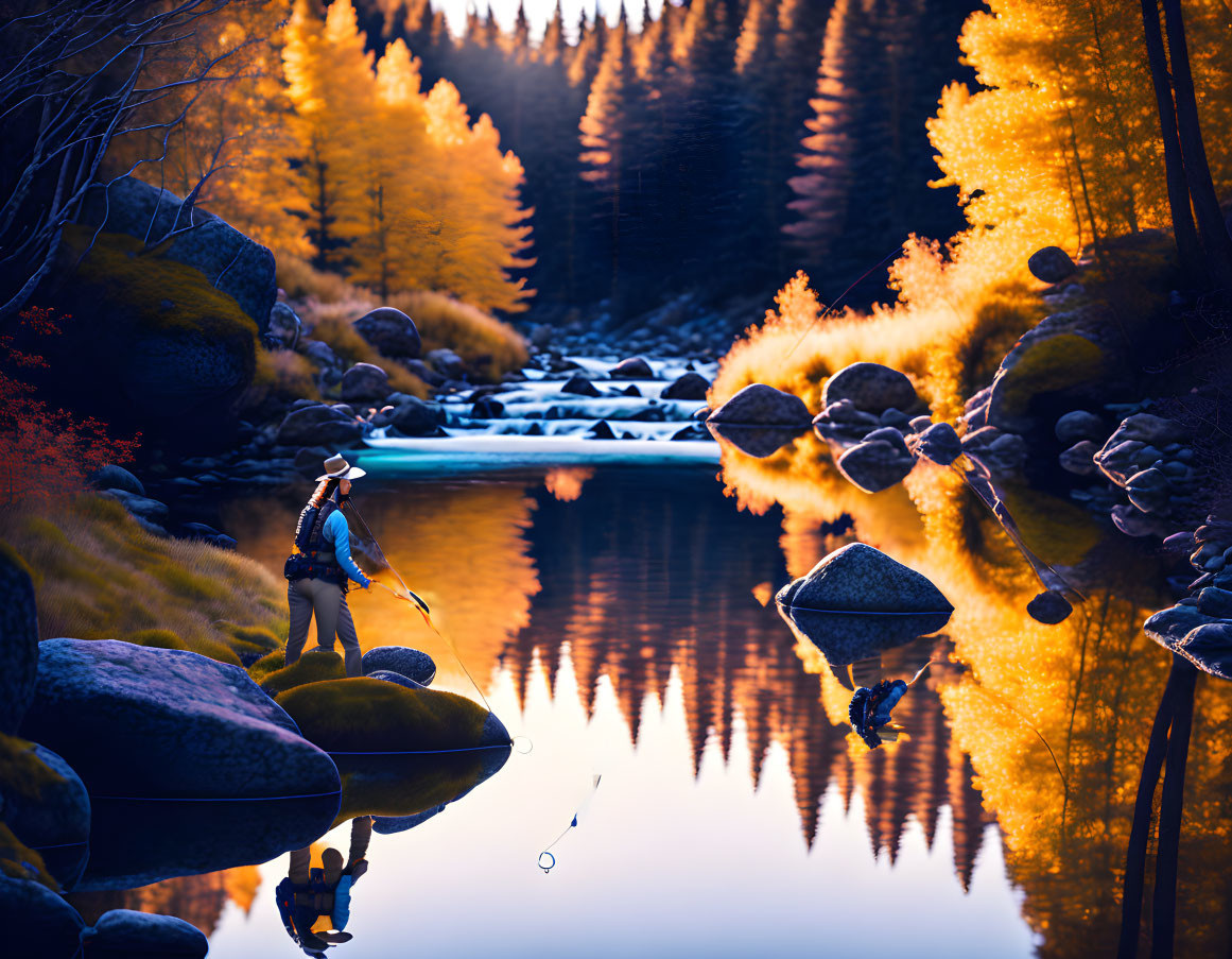 Tranquil river fishing scene with autumn trees and boulders