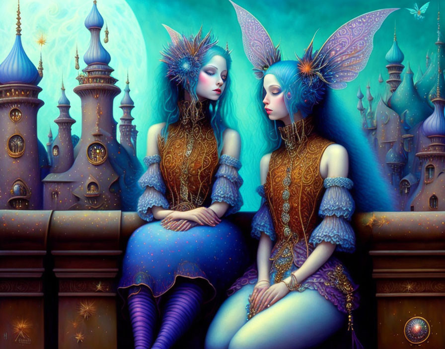 Blue-skinned twin figures in gold and blue attire by whimsical castles under starry sky