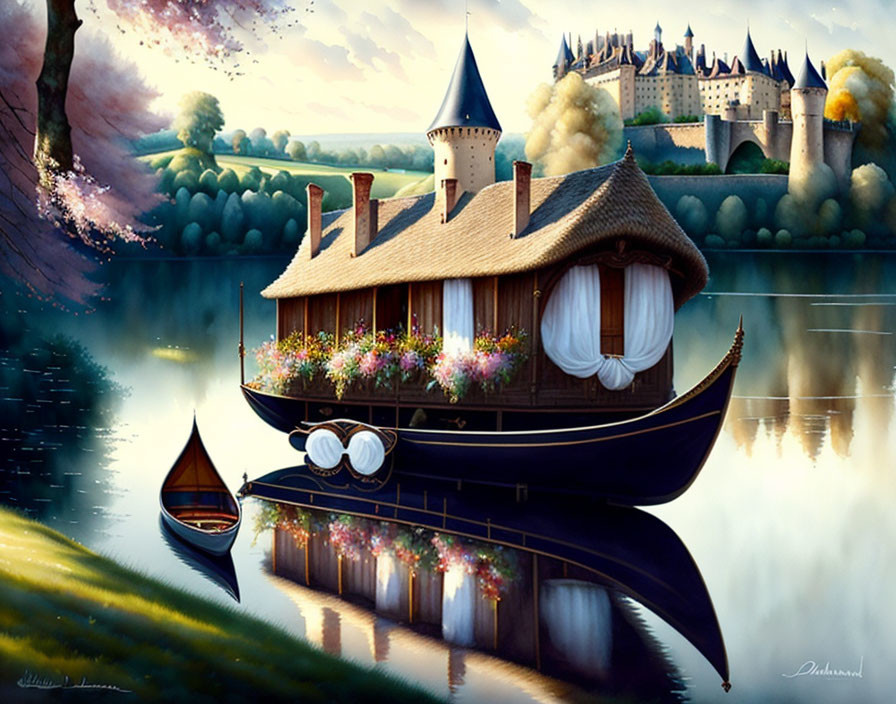 Large houseboat with thatched roof on tranquil lake with castle in background