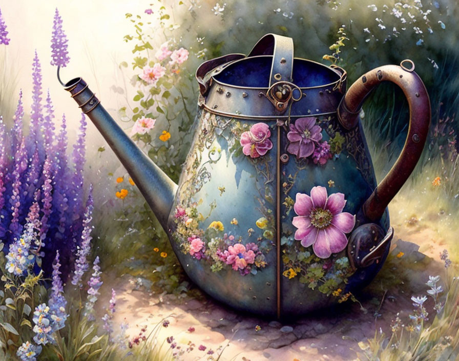 Vintage watering can with flower paintings in serene garden setting