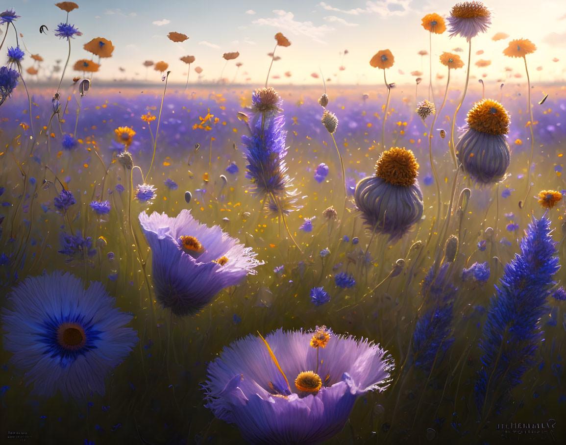 Tranquil Field of Vibrant Purple and Golden Wildflowers