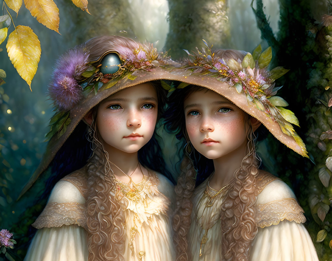 Two girls in floral hats with wavy hair in serene forest setting