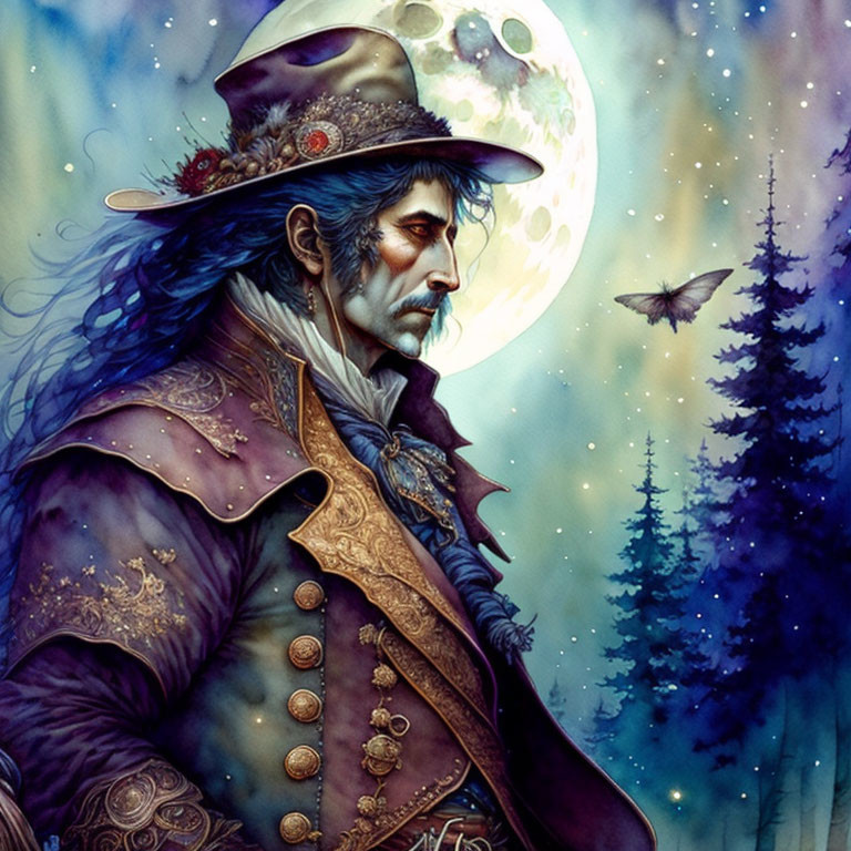 Illustrated nobleman with lupine features in moonlit forest wearing Victorian attire.