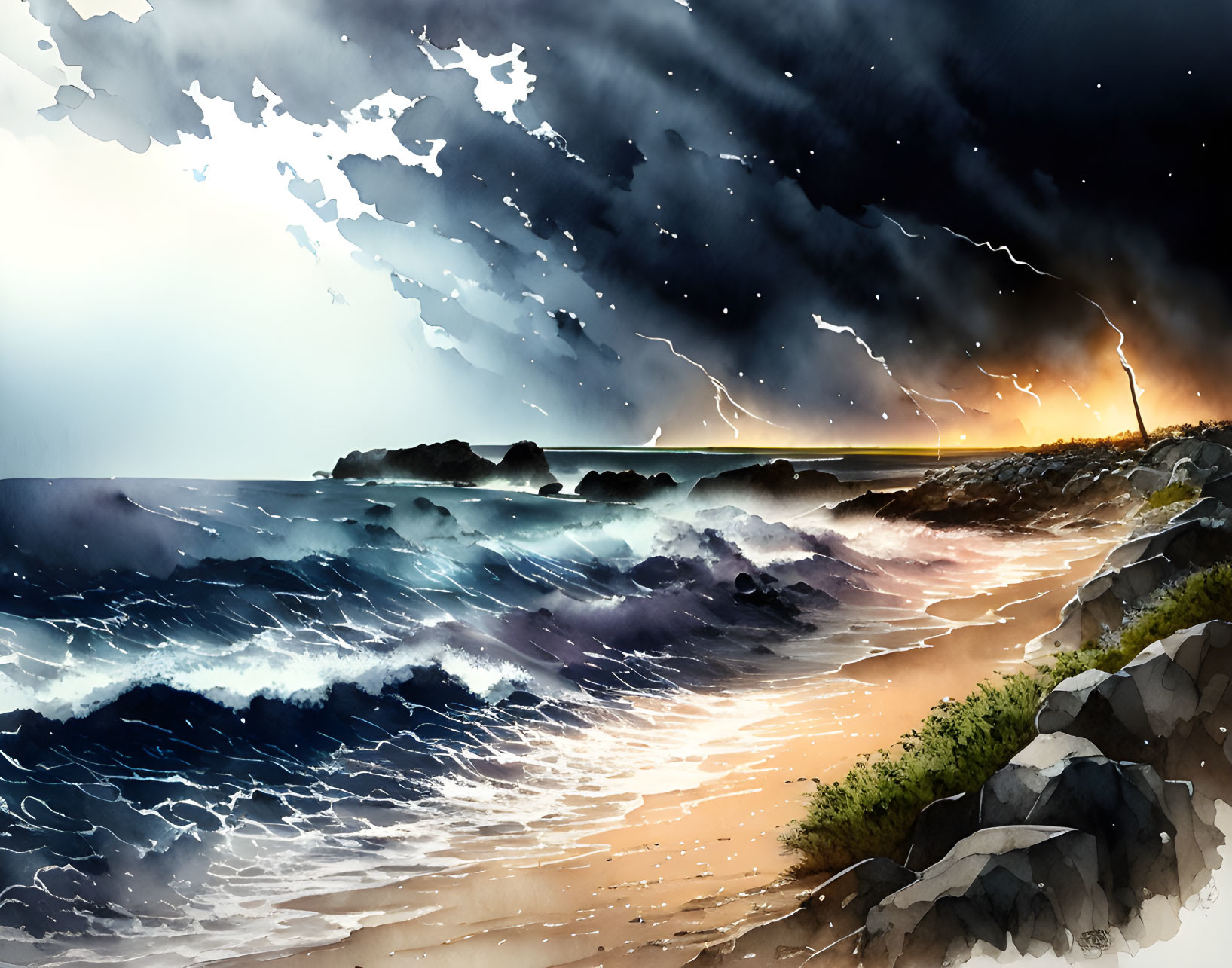 Dramatic coastline illustration with stormy skies and lightning bolts