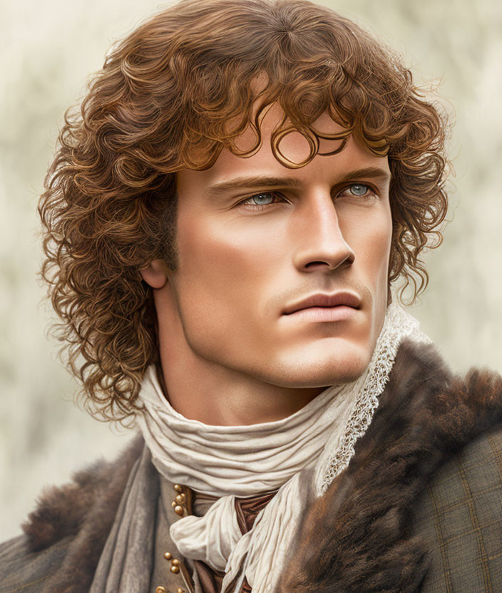 Portrait of a man with curly brown hair and intense blue eyes in vintage attire