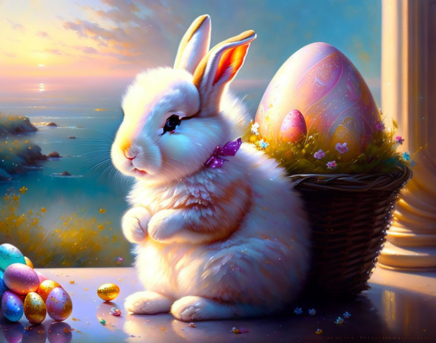 White Rabbit with Purple Bow Beside Easter Decor and Ocean View at Dusk