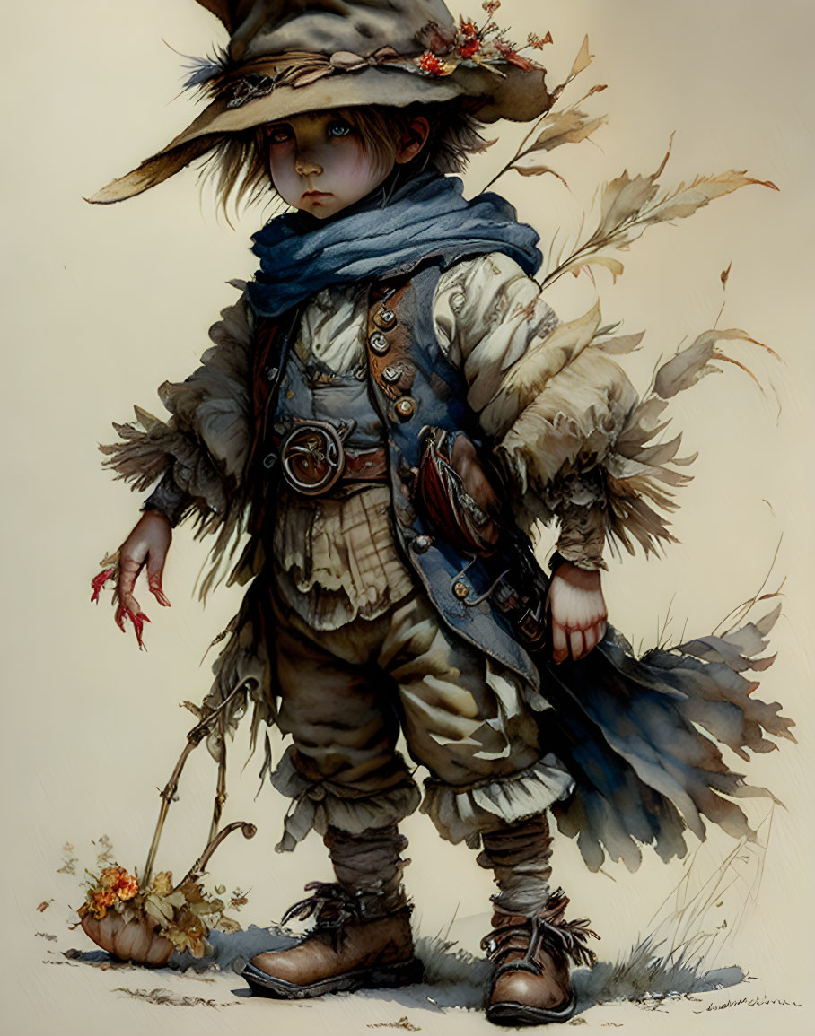 Child in fantasy steampunk attire with oversized hat and goggles