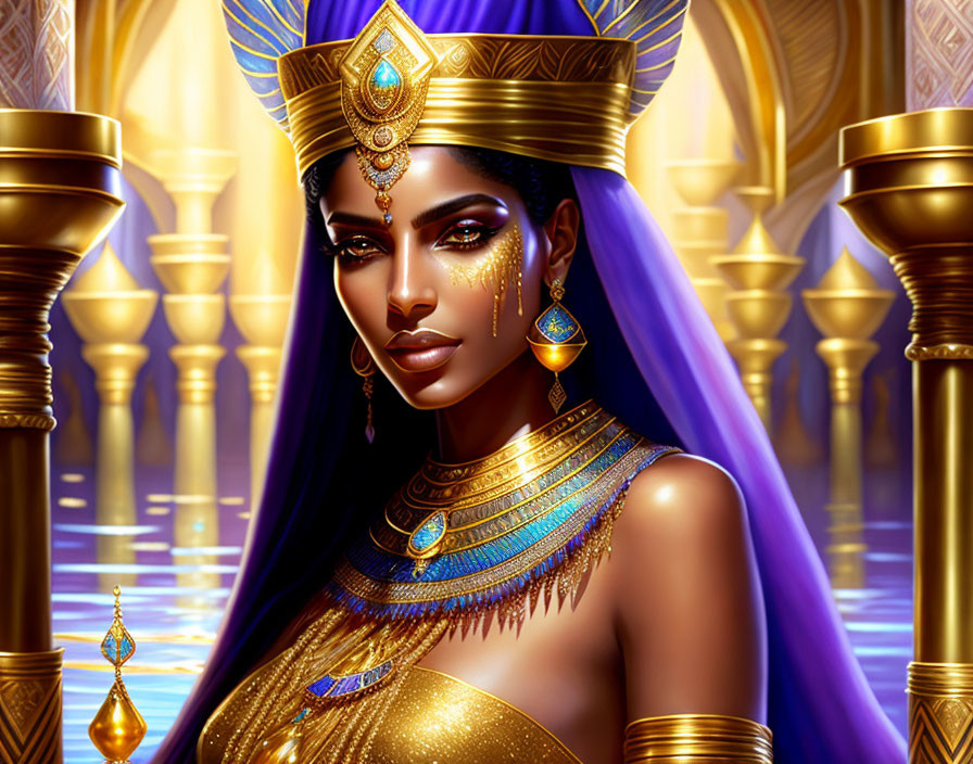 Majestic woman with golden crown in royal attire among ornate pillars