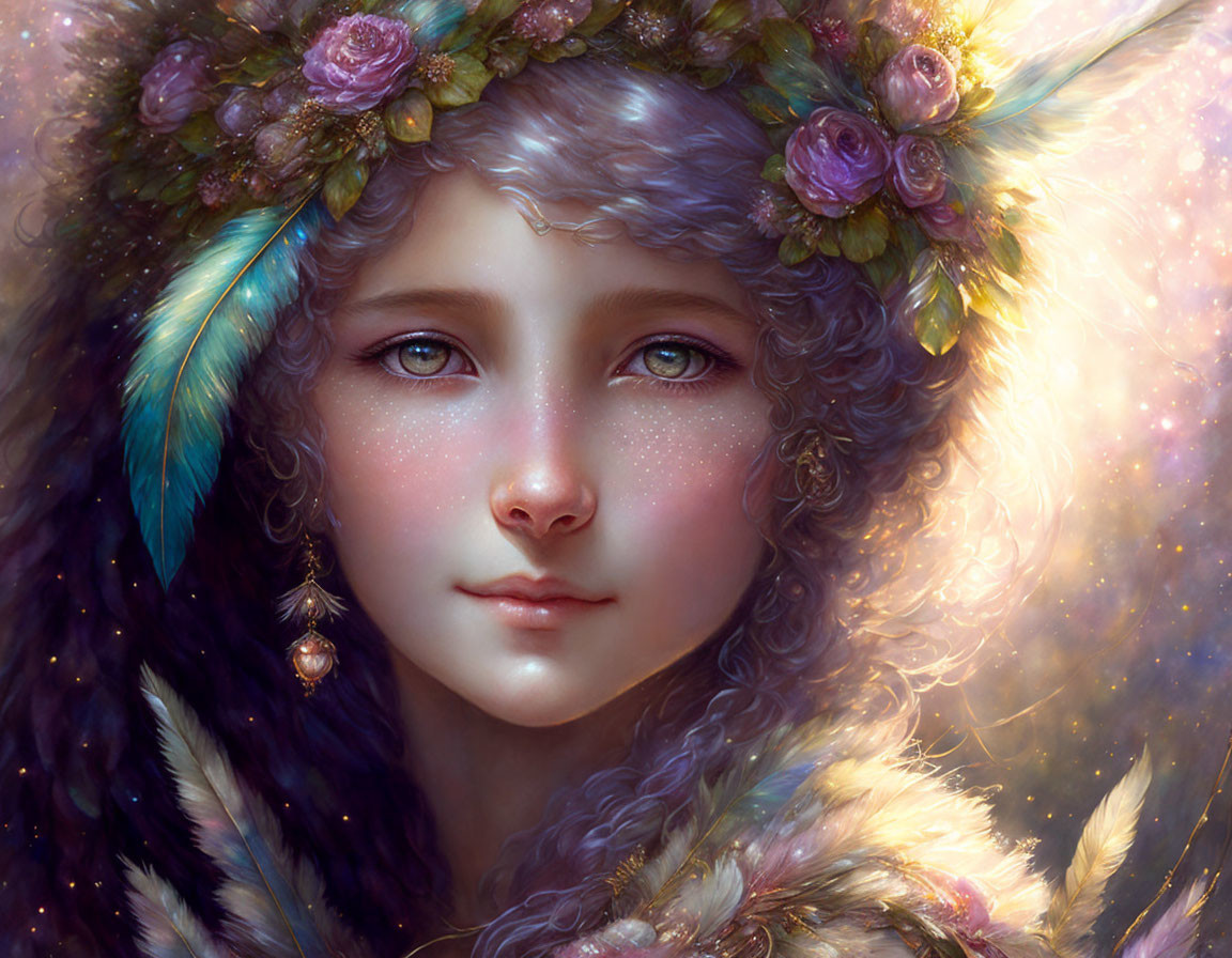 Young woman in floral crown and fur cloak in fantasy portrait