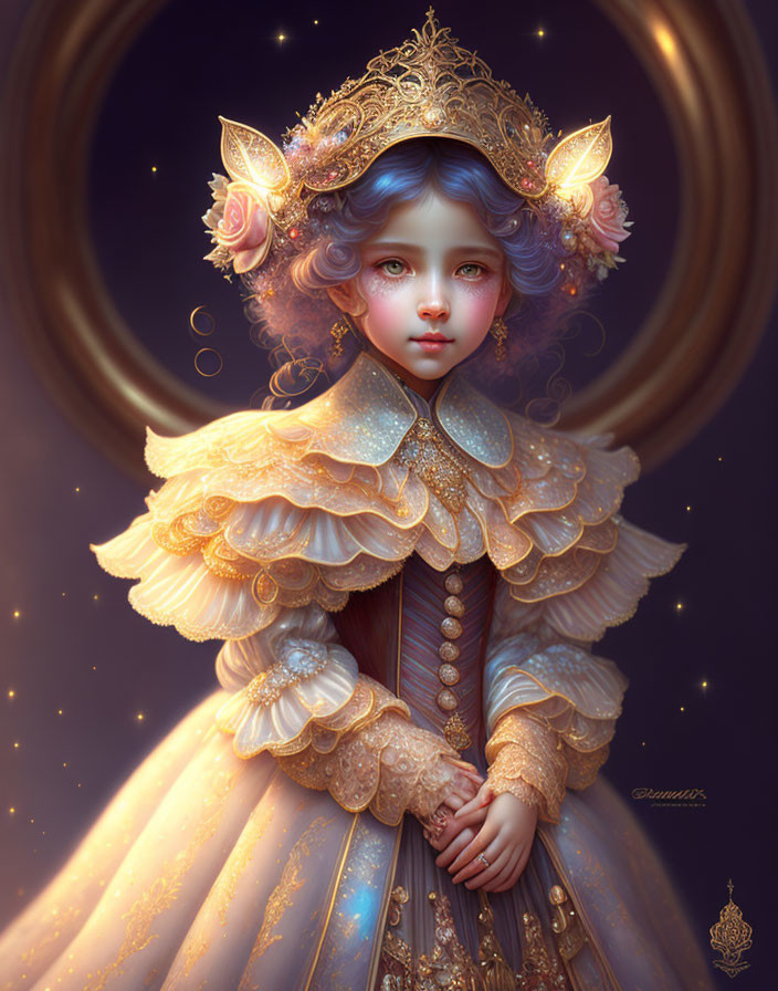 Fantasy character portrait with blue eyes, pink hair, golden tiara, and ruffled gown