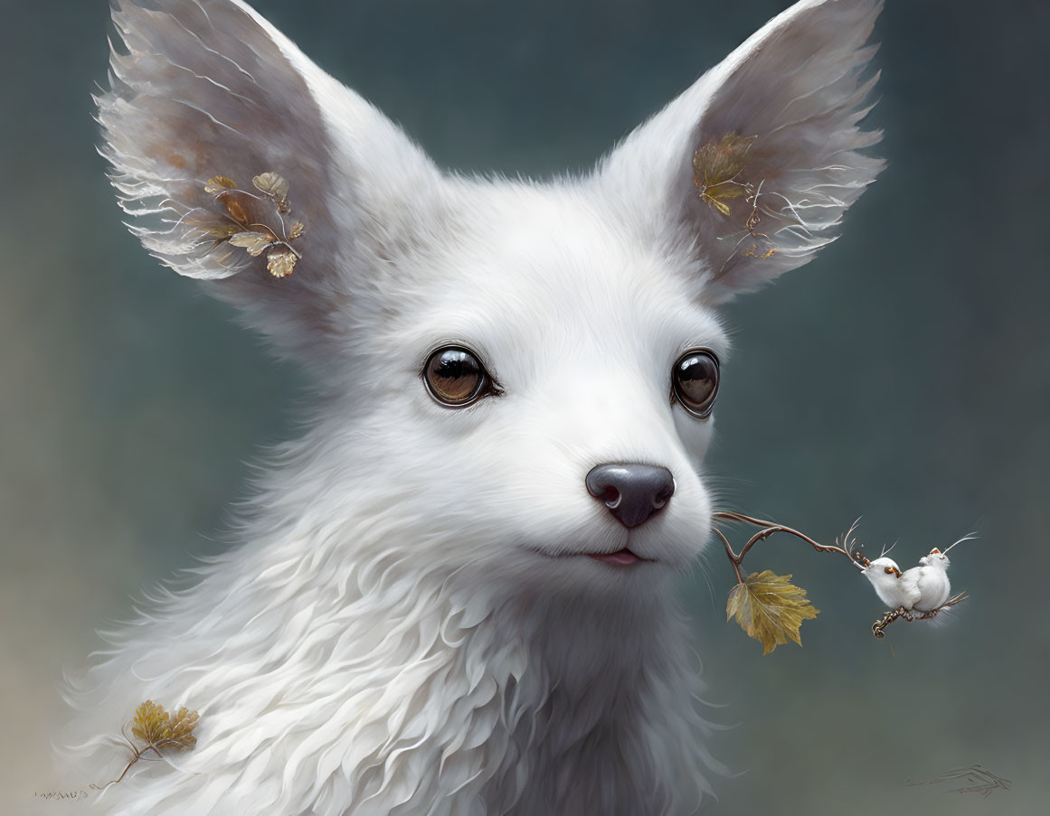 Whimsical white fawn-like creature with fluffy ears and serene expression holding a branch and small bird