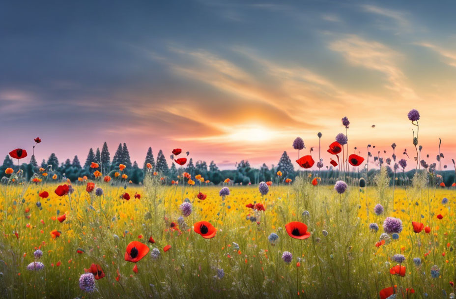 Sunset wildflower field with red poppies and colorful sky