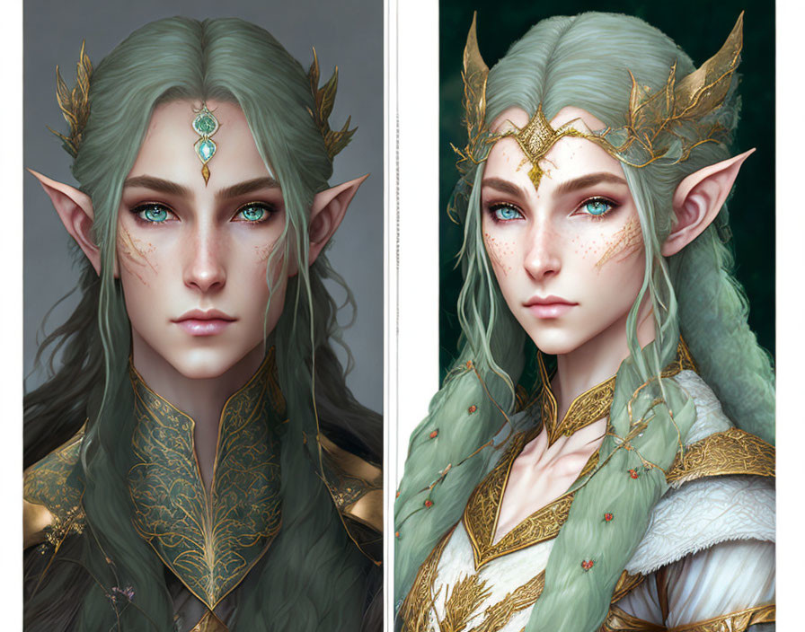 Fantasy elves with pointed ears and gold headpieces on gray background