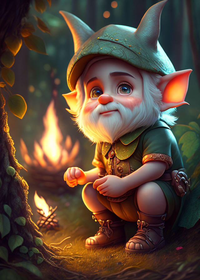 White-bearded gnome squatting by campfire in enchanted forest.