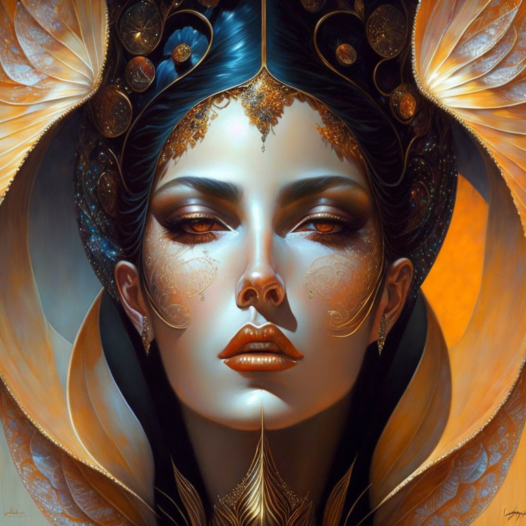 Fantasy portrait of woman with ornate golden headdress and feathers