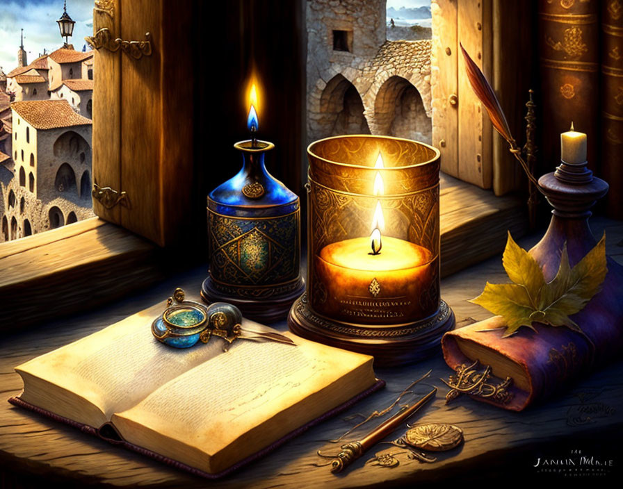 Open book, lit candle, quill, inkpot, and autumn leaves on wooden table overlooking medieval