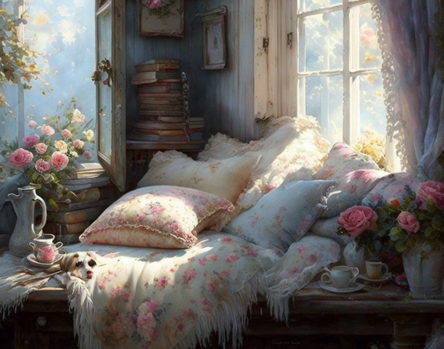 Sunlit Cozy Room with Daybed, Curtains, Books & Roses