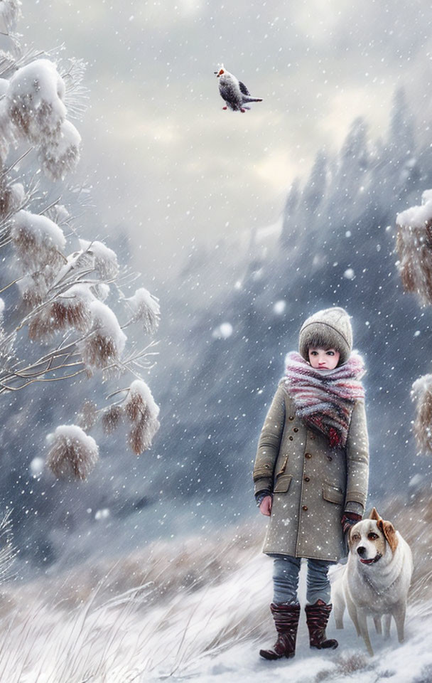 Child and dog in snowy landscape with bird and trees