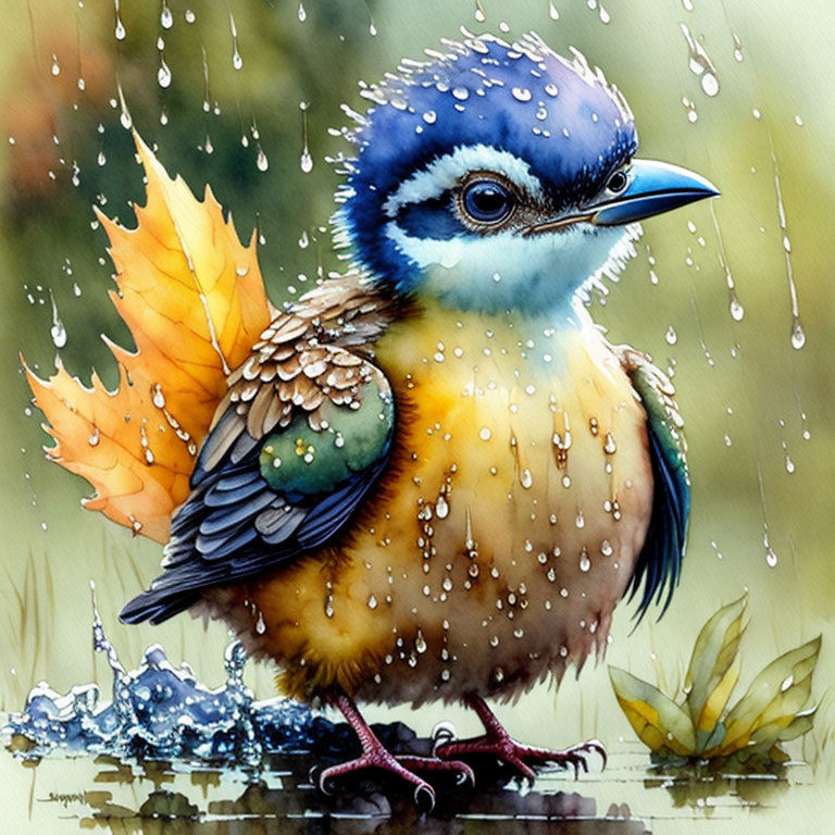 Colorful Bird Illustration with Water Droplets in Rainy Scene