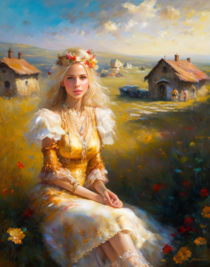 Woman in Golden Gown with Floral Crown in Sunny Rural Field