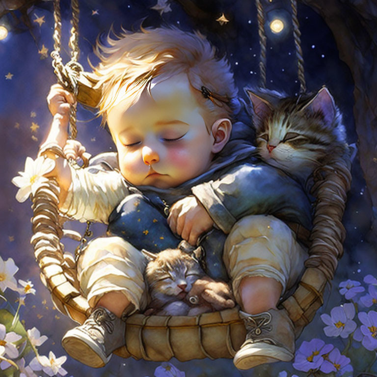 Baby, kittens, and starry night in hanging basket swing