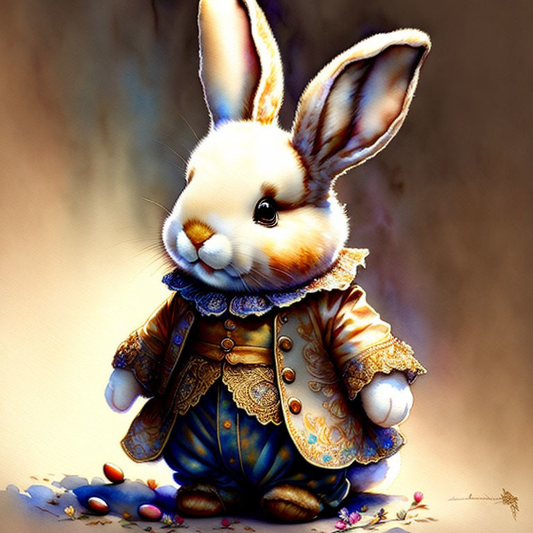 Illustrated rabbit in ornate jacket with gold details among colorful candies