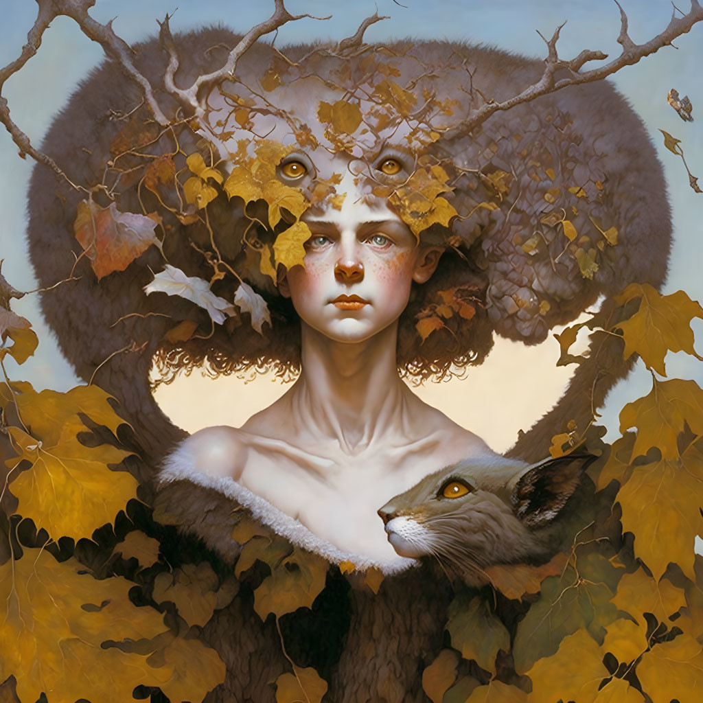 Tranquil portrait with autumn leaves, antlers, fox, and tree trunk integration