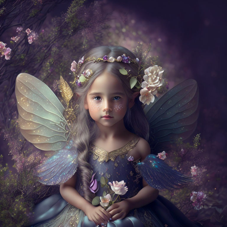 Young fairy girl with ethereal wings in mystical portrait surrounded by purple flowers