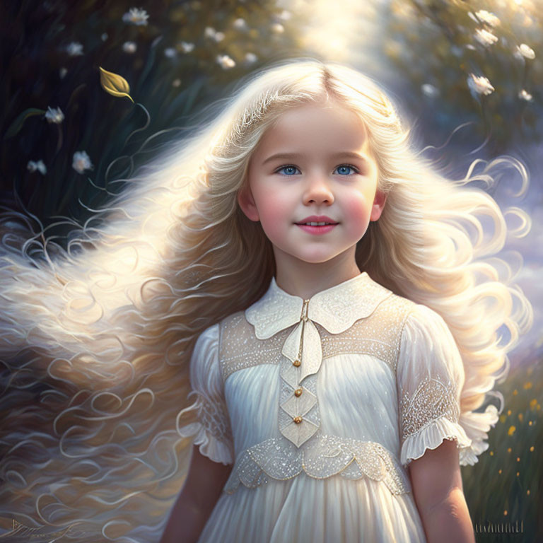 Digital artwork: Young girl with blonde hair, blue eyes, vintage cream dress against soft natural background