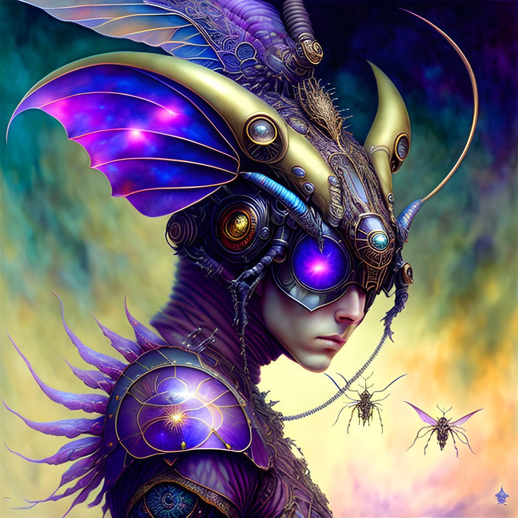 Detailed Insect-Like Armor Helmet with Iridescent Wings