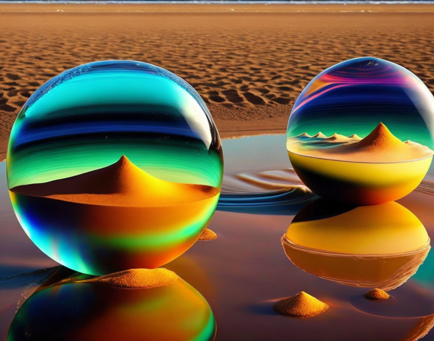 Reflective glossy spheres showing desert landscapes with water reflections