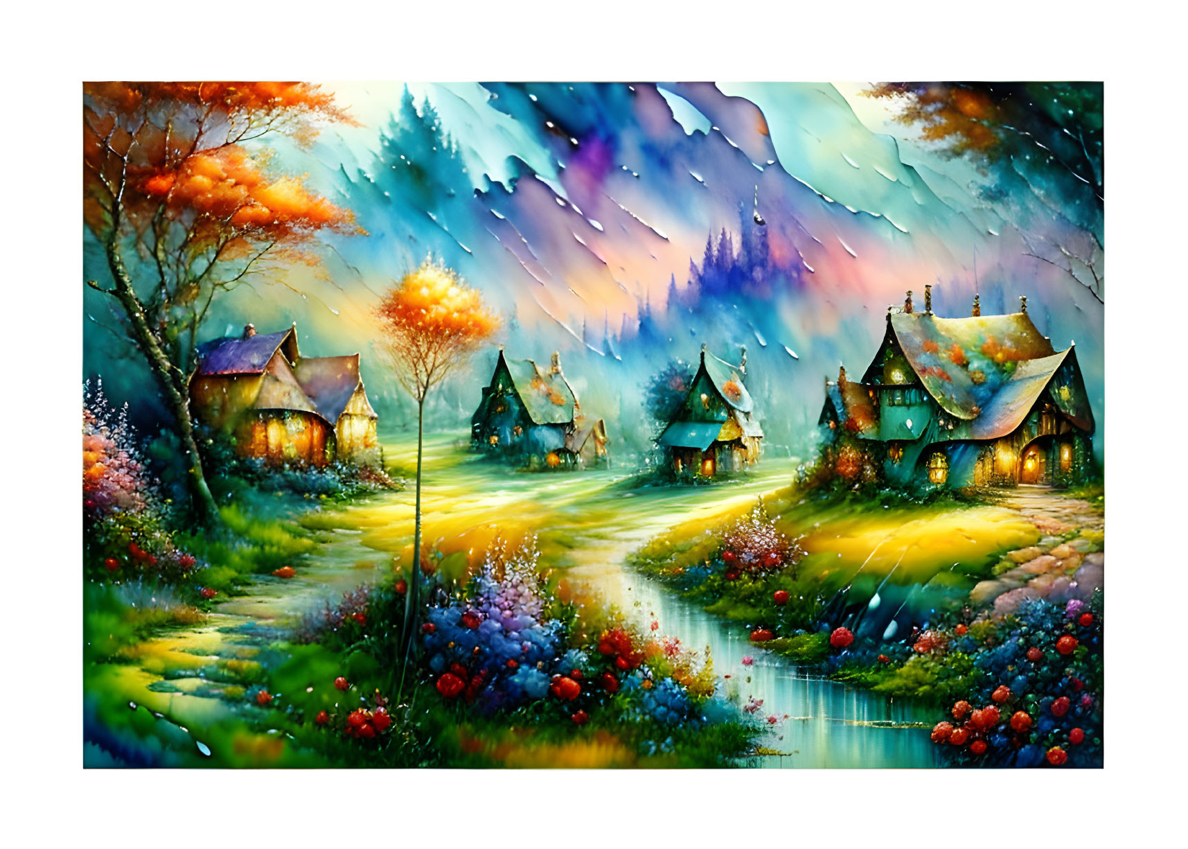 Vibrant painting of quaint village under twilight sky