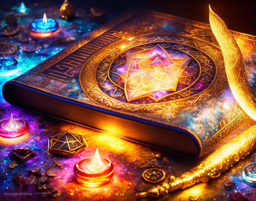 Mystical book with golden feather, glowing symbols, candles, and geometric shapes