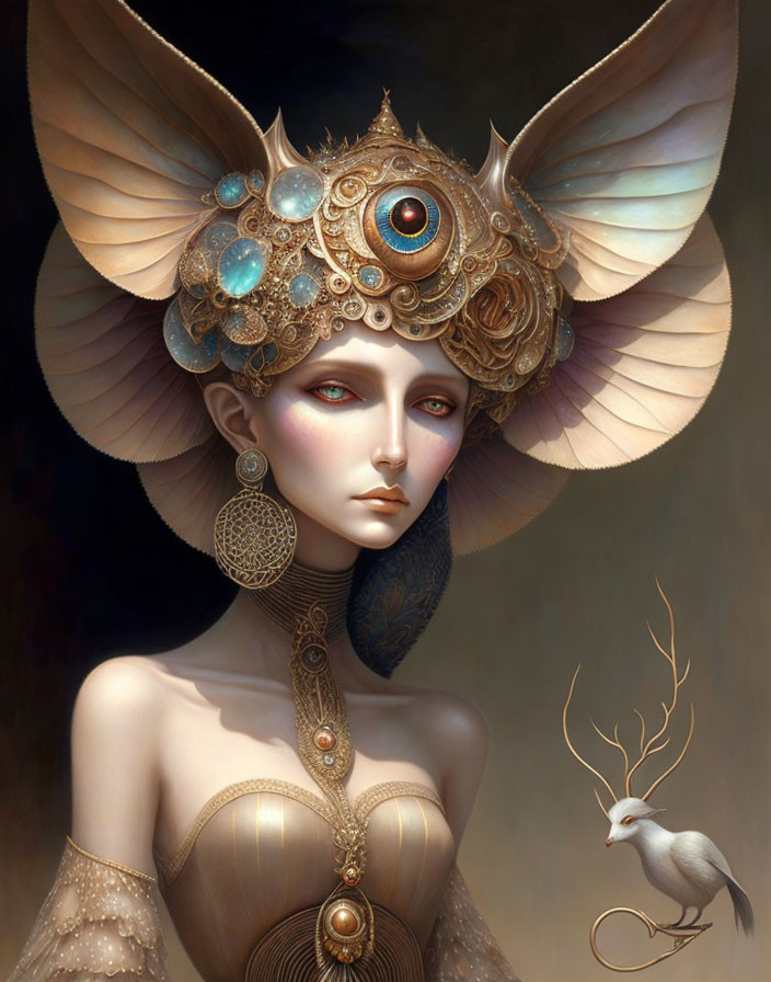 Surreal portrait of woman with ornate headdress and central eye, accompanied by white creature with