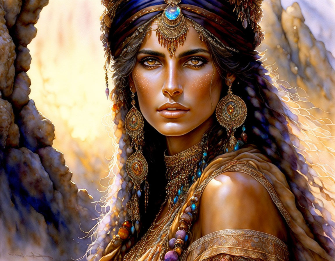 Digital artwork: Woman with blue eyes, tribal jewelry, and headdress