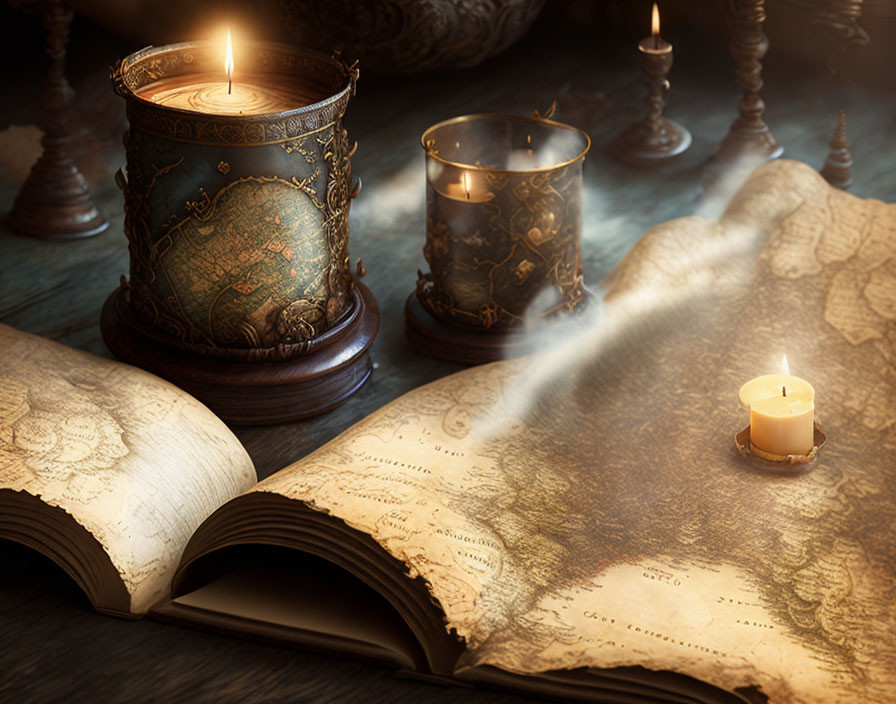 Vintage book and lit candles on table with sunlight streaming in