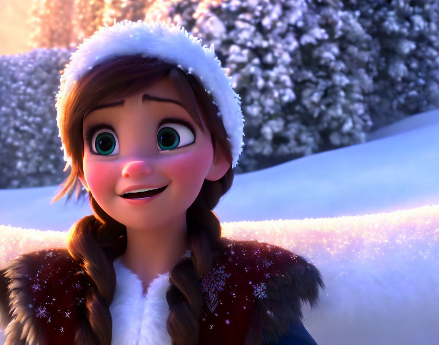 Auburn-Haired Animated Character in Winter Attire Smiling in Snowy Dusk