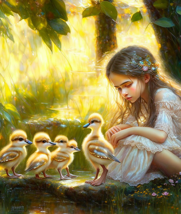 Girl in White Dress Watching Ducklings in Enchanted Forest