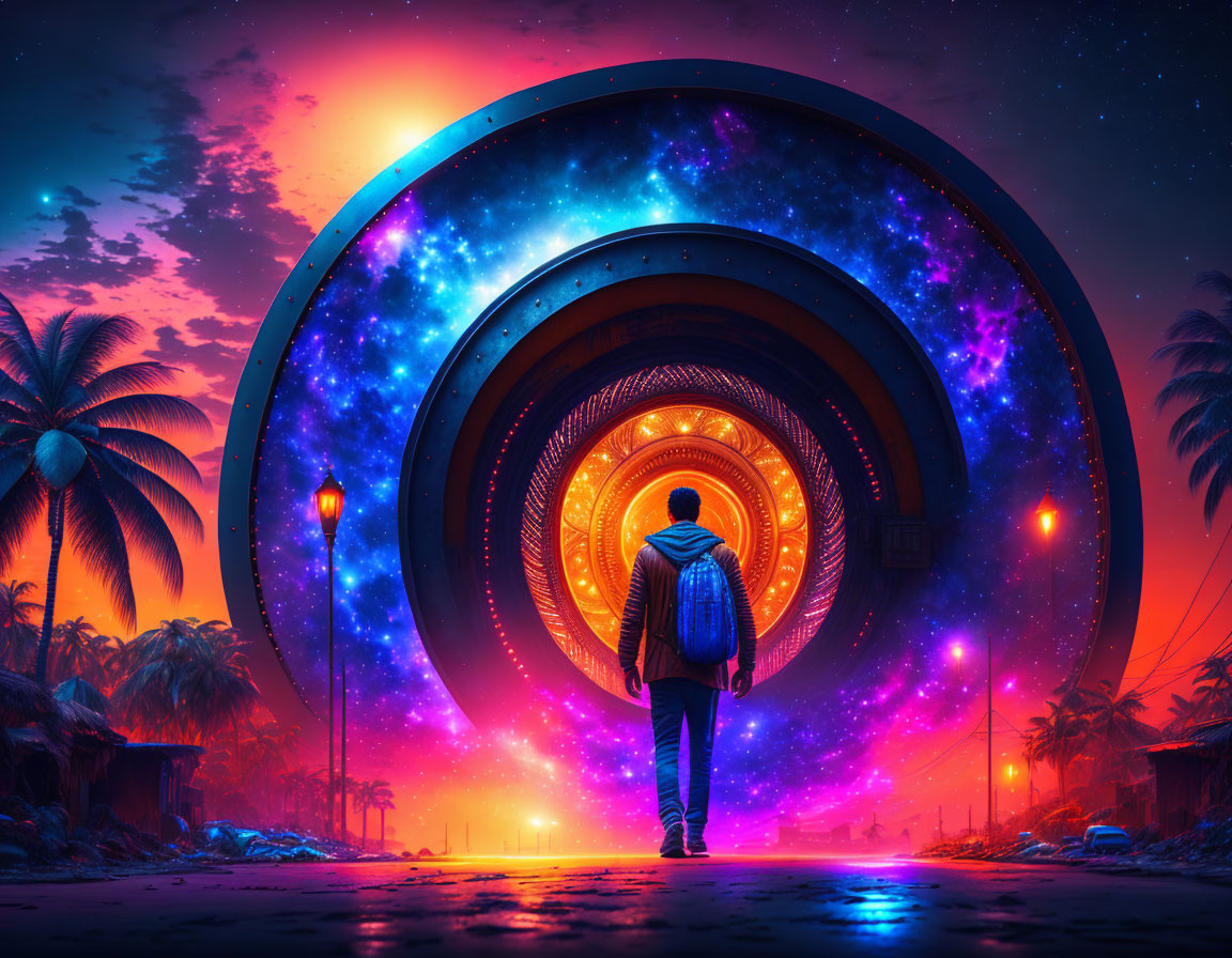 Person standing before colossal glowing portal in neon-lit, starry cosmos setting