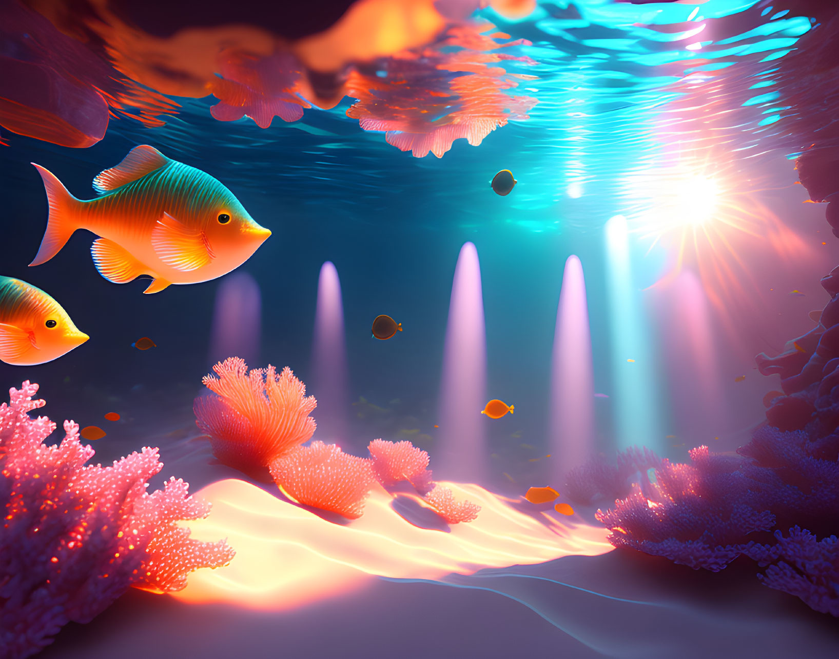 Colorful tropical fish and coral in serene underwater scene.